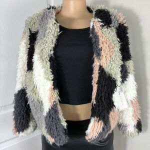NEW 1.STATE Faux Fur Jacket Womens Sz M  Colorblock Patchwork Shag Teddy Lined